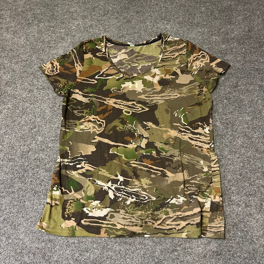 Under Armour T-Shirt Womens XL Green Camo HeatGear Fitted Short Sleeve Athletic